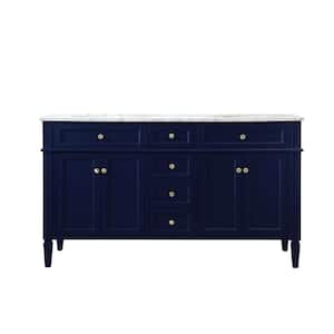 Timeless Home 60 in. W x 21.5 in. D x 35 in. H Double Bathroom Vanity in Blue with White Marble Top and White Basin
