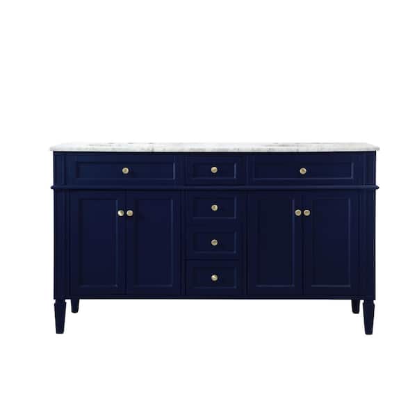 Unbranded Timeless Home 60 in. W x 21.5 in. D x 35 in. H Double Bathroom Vanity in Blue with White Marble Top and White Basin