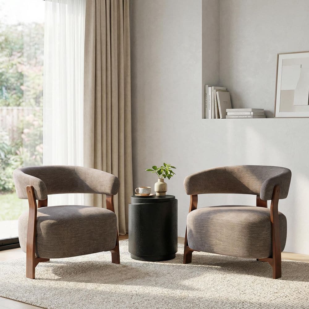 Norma Modern Brown and Walnut Polyester Upholstered Accent Arm Chair with Bent Solid Wood Legs, Set of 2 price history on PriceWatchPro