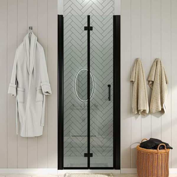 waterpar 32 to 33-1/4 in. W x 72 in. H Bi-Fold Frameless Shower Doors in Black with Clear Glass