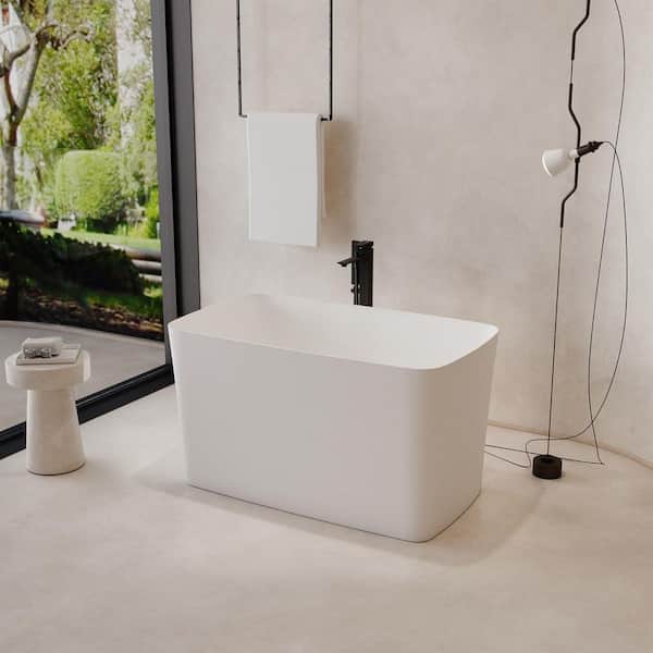 47 in. x 27.6 in. Freestanding Stone Resin Solid Surface Rectangular Soaking Bathtub in Matte White with Seat
