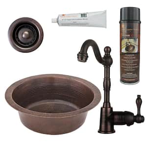 Bronze 16 Gauge Copper 14 in. Dual Mount Bar Sink with Faucet and 2 in. Strainer Drain