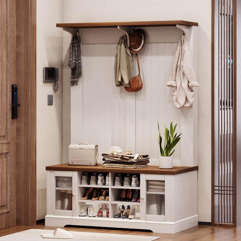 Hall Tree, Shoe Storage Bench, Beige, multifunctional Home Organizer, Entrance Solution with Seating and Hooks