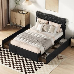 Button-Tufted Black Wood Frame Full Size PU Leather Upholstered Platform Bed with Nailhead Trim Headboard and 4-Drawer