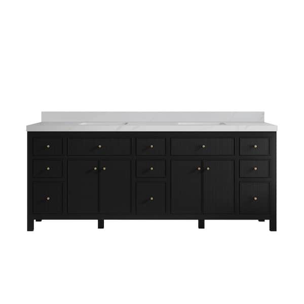 Willow Collections Sonoma 84 in. Double Sink Freestanding Black Bath Vanity with Calcutta Sienna Quatrz Top Unassembled