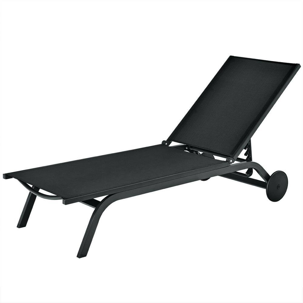 Aluminum Fabric Outdoor Patio Lounge Chair in Black with Adjustable Reclini