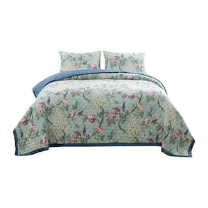 3-Piece Green and Blue Solid Queen Size Microfiber Quilt Set