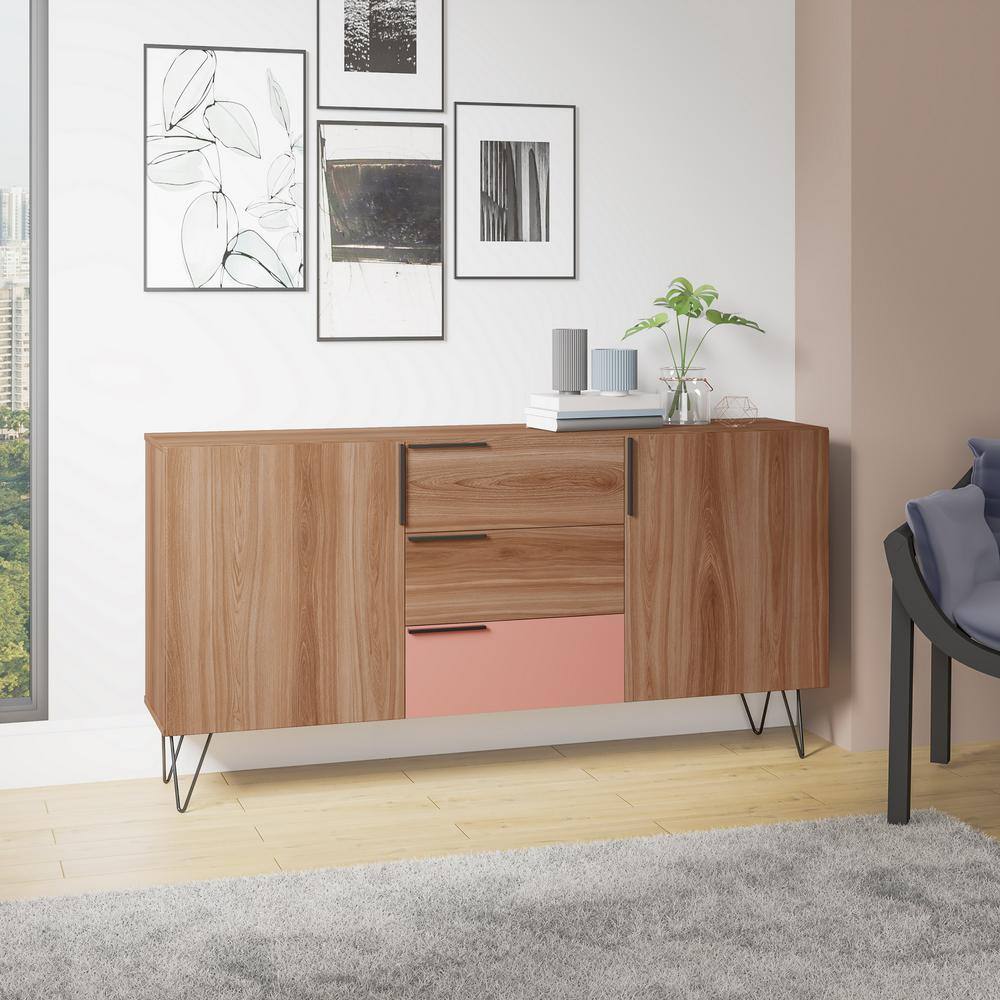Beekman Mid-Century Mirrored Sideboard in Brown and Pink