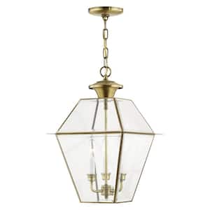 Ainsworth 18.5 in. 3-Light Antique Brass Dimmble Outdoor Pendant Light with Clear Beveled Glass and No Bulbs Included