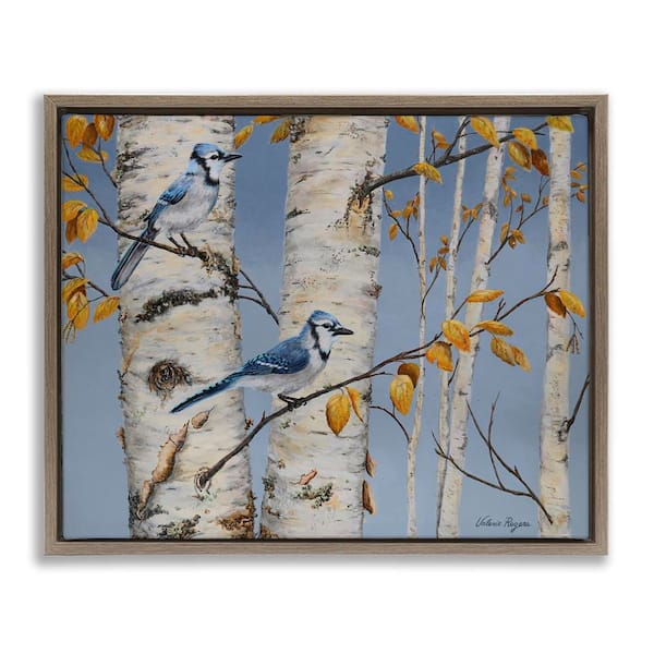 Stupell Industries Blue Jay Autumn Day by Valerie Rogers Brown Floater Frame Nature Graphic Art Print 17 in. x 21 in.