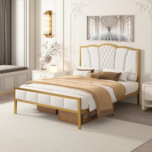 Modern Beige Golden Metal Frame Full Size Platform Bed with Tufted Headboard and Wood Slats