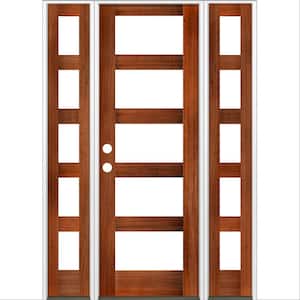 60 in. x 96 in. Modern Hemlock Right-Hand/Inswing Clear Glass Red Chestnut Stain Wood Prehung Front Door with DSL