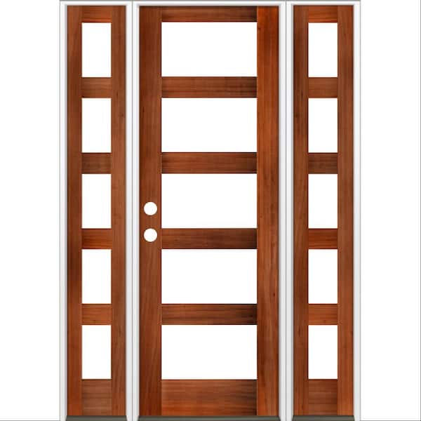 Krosswood Doors 64 in. x 96 in. Modern Hemlock Right-Hand/Inswing 5-Lite Clear Glass Red Chestnut Stain Wood Prehung Front Door w/DSL