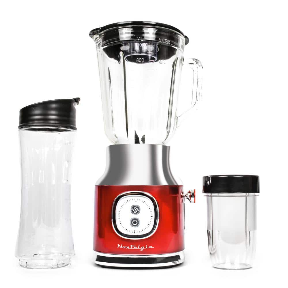 Nostalgia Classic Retro Electric Pulse Blender, 1 Liter Glass Pitcher, Includes Tritan Personal Travel Bottle with Lid and Storage Container, High