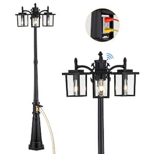 3-Light Black Aluminum Dusk to Dawn Hardwired Outdoor Weather Resistant Post Light Set with GFCI Outlet No Bulb Included