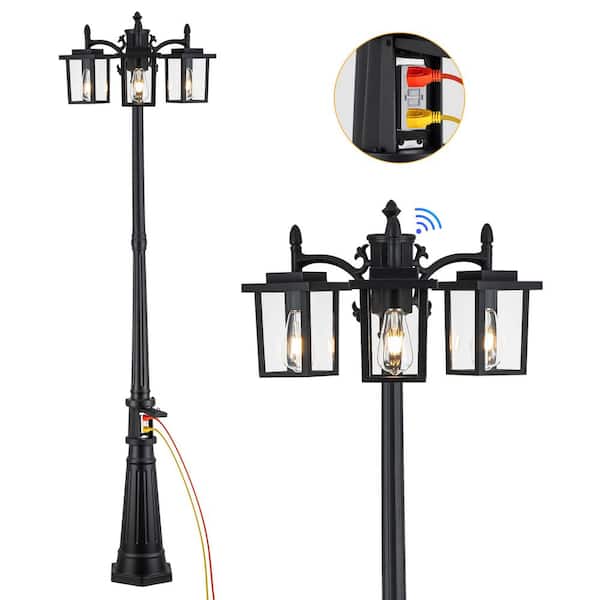 C Cattleya 3-Light Black Aluminum Dusk to Dawn Hardwired Outdoor Weather Resistant Post Light Set with GFCI Outlet No Bulb Included