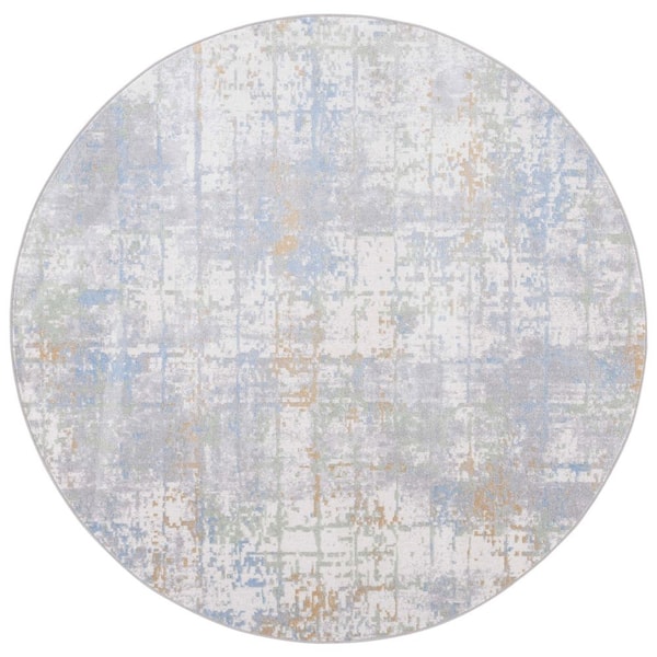 SAFAVIEH Bayside Gray/Ivory Blue 7 ft. x 7 ft. Machine Washable Abstract Distressed Round Area Rug