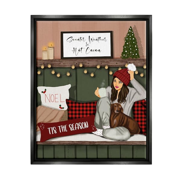 Stupell Industries Cozy Girl with Christmas Phrase by Saba Rauf 1 Piece Floater Frame Graphic Print People Poster Art Print 21 in. x 17 in.