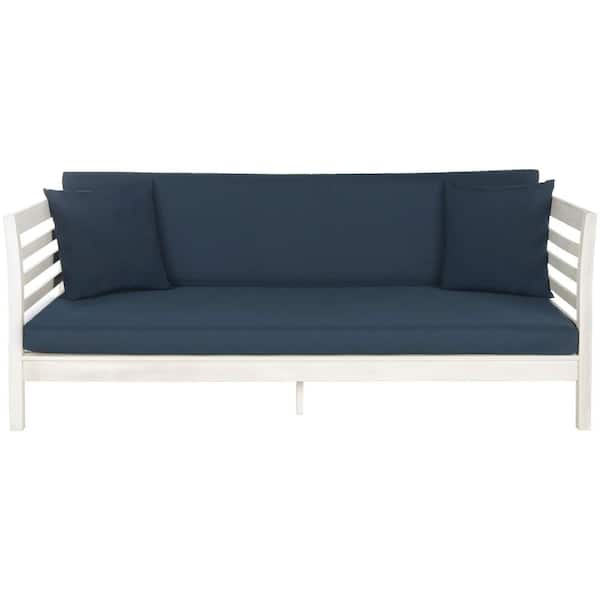Malibu Antique White 1-Piece Wood Outdoor Day Bed with Navy Cushions