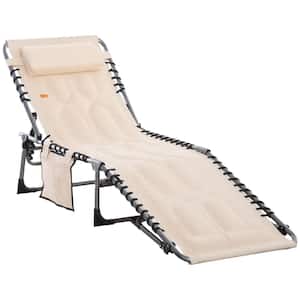 Gray Metal Beige Fabric Outdoor Padded Folding Chaise Lounge with 6-Level Backrest and Headrest for Beach, Yard, Patio