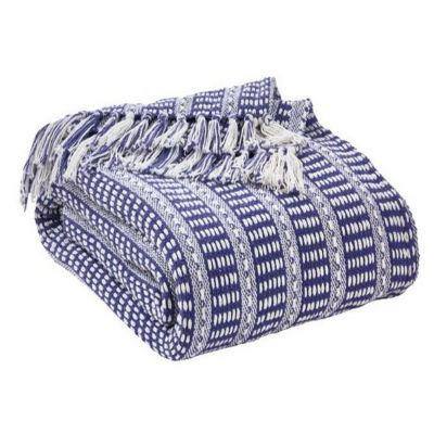 Chic Navy and White Striped Fringed Organic Cotton Throw, 50" x 60"