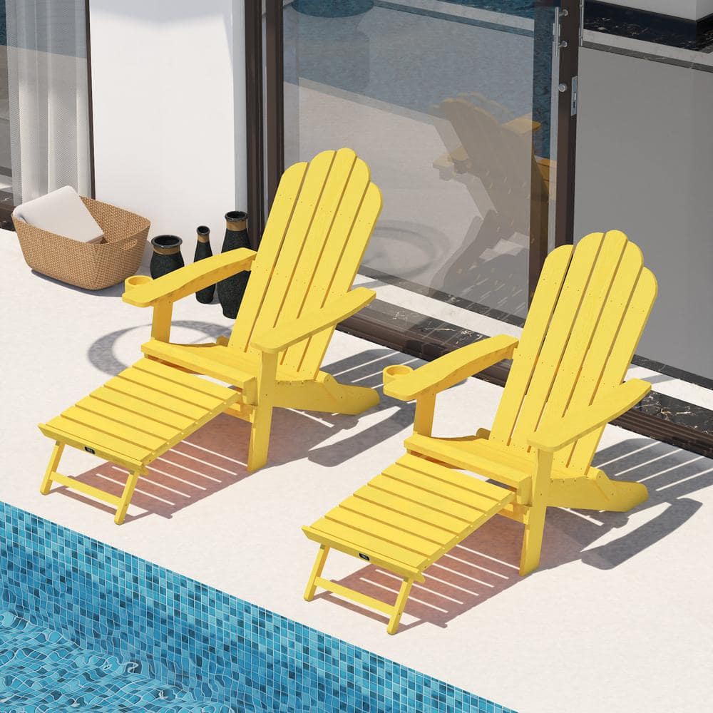 Plastic Folding Adirondack Chair with Pullout Ottoman with Cup Holder in Ye