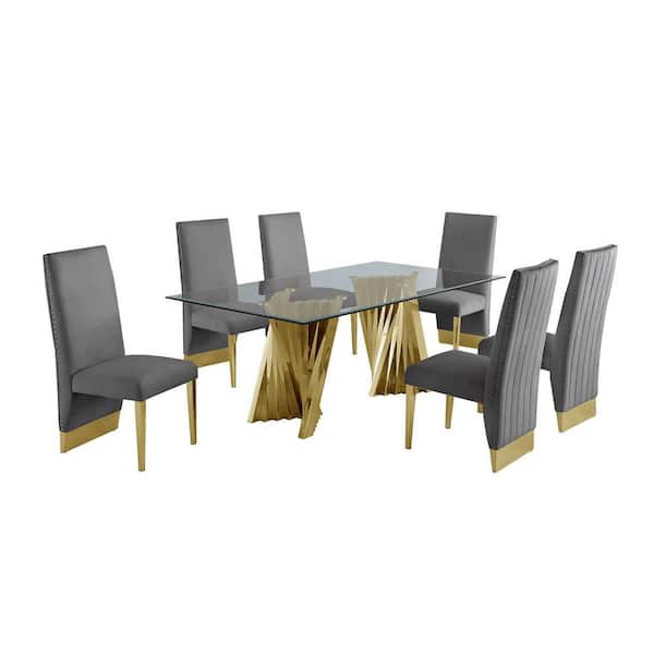 Best Quality Furniture Becky 7-Piece Rectangular Glass Top with Gold Stainless Steel Base Table Set with 6-Dark Gray Velvet Chair