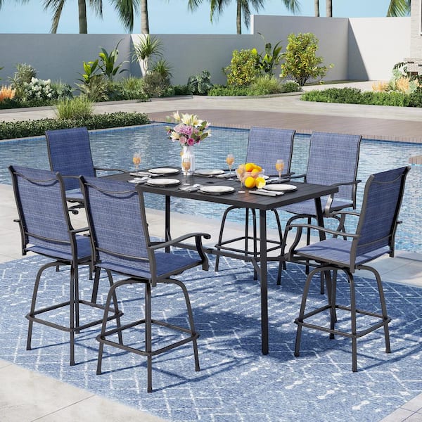 PHI VILLA Black 7-Piece Metal Rectangle Outdoor Patio Bar Set with Bar Table and Swivel Bistro Chairs