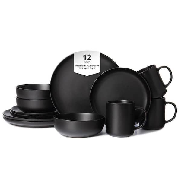 Tahanbath 12-Piece Stoneware Dinnerware Set with Mugs (3-Person Use) in Black