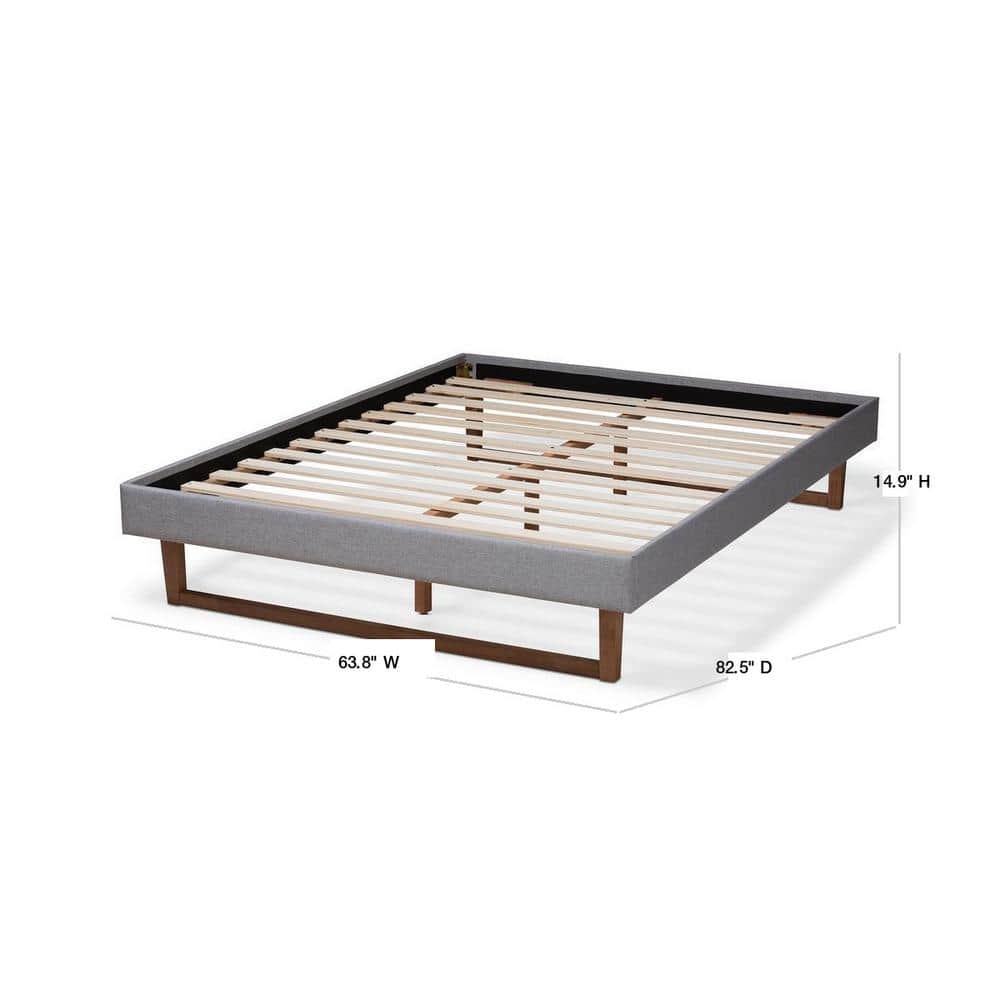 Liliya Queen-Size Walnut Wood & Light Grey Tufted Upholstered Bed Frame