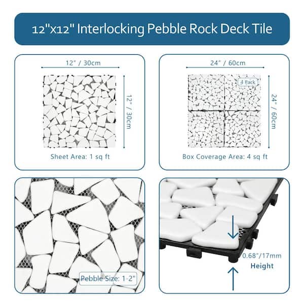 White Deck Pebble 12 in. x 12 in. Outdoor Patio Flooring Recycled Glass Interlocking Mosaic Floor Tile (4 sq. ft./Case)