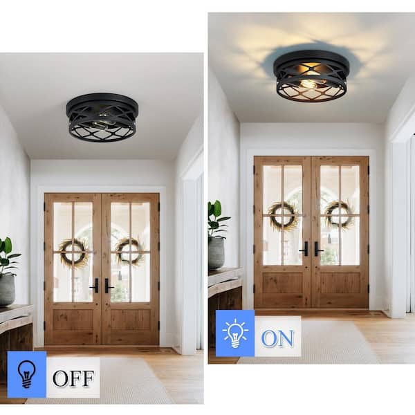 HKMGT 10.7 in. 2-Light Farmhouse Black Flush Mount Ceiling Light