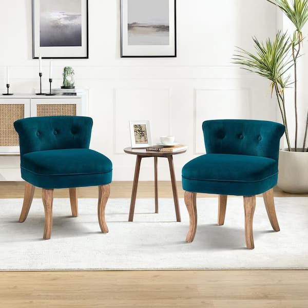 Nila Teal Vanity Velvet Upholstered Stool Chairs with Solid Wooden Legs (Set of 2)