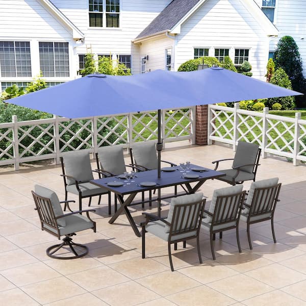 Halmuz 10-Piece Metal Patio Outdoor Dining Set with Swivel Chairs, Rectangular Table, Double-Sided Umbrella and Grey Cushion