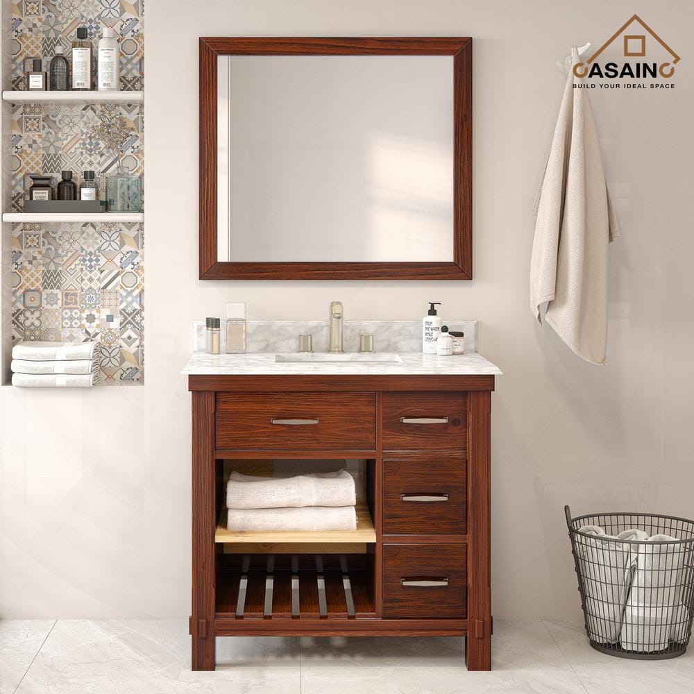CASAINC 36 in. W x 22 in. D x 35.4 in. H 1-Sink Freestanding Bath Vanity in Brown with White Carrara Marble Top [Free Faucet], Traditional Brown -  CA512-36-C-TB