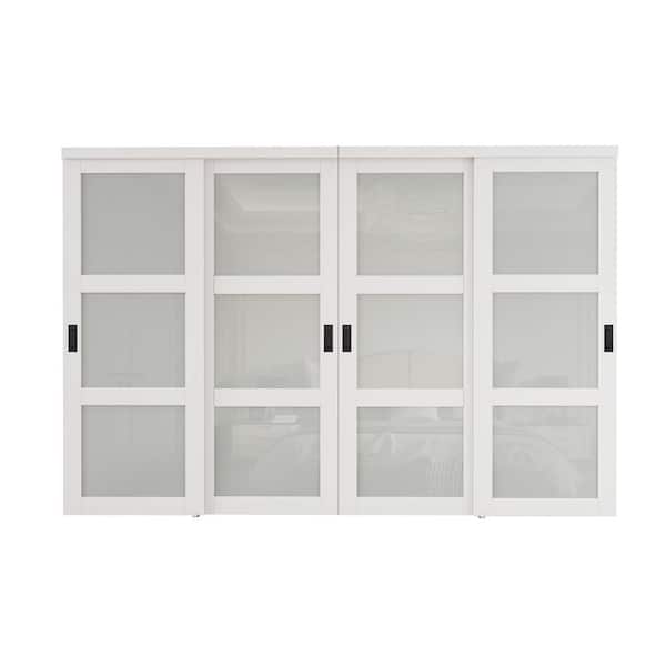 120 in. x 96 in. 3-Lite Frosted Glass White Finished MDF Interior Closet Sliding Door with Hardware and Black Handles