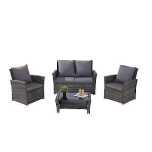 4-Pieces Wicker Patio Conversation Outdoor Furniture Set with Dark Gray Color Cushions With Coffee Table for Garden