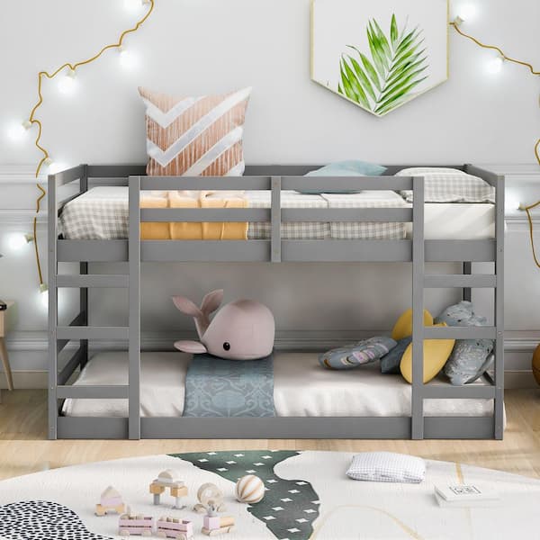 Gray Twin over Twin Wood Bunk Bed with 2 Ladders
