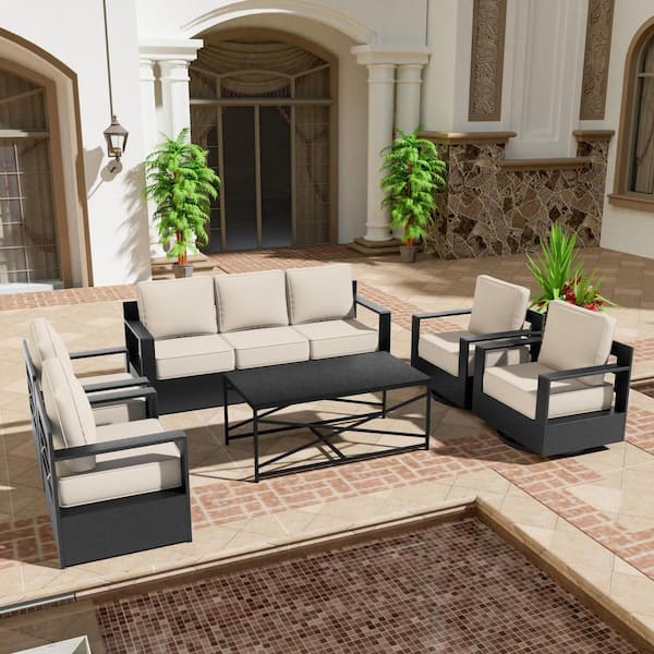 6-Piece Outdoor Aluminum Patio Conversation Set with 6 in. Beige Cushions
