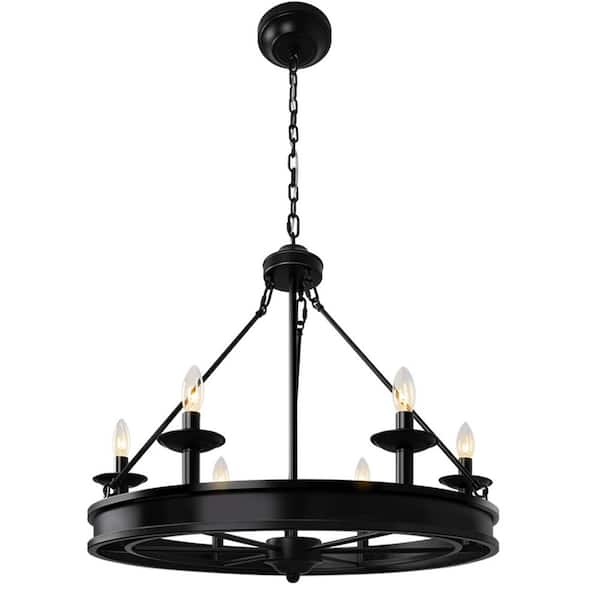 28 in. 6-Light Black Wagon Wheel Farmhouse Chandelier, Industrial Pendant Light for Living Room, Foyer, Entryway