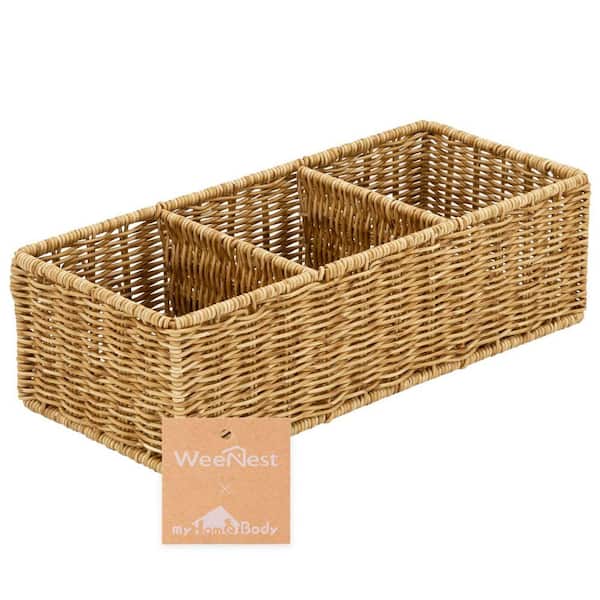 1-Pack Resin Woven Storage Basket with Dividers, Bathroom Trays With 3-Compartments , Metal Support Wires in Tan Color