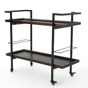 38 in. W x 33 in. H Industrial Walnut Wood Kitchen Cart, Rolling Bar Cart with Wine Rack, Tray Shelves and Metal Frame