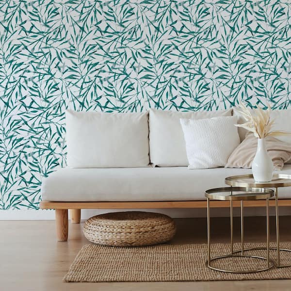 Viridian Green Watercolor Leaves Vinyl Peel and Stick Wallpaper Roll (Covers 28 sq. ft.)