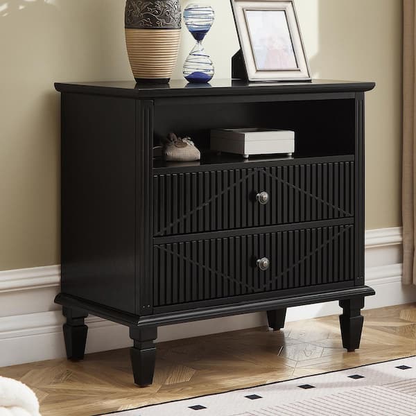 HOMEFUN Modern Black Solid Wood 2 Drawers Nightstand with Charging