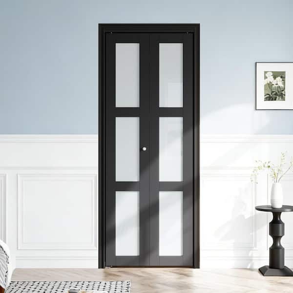 32 in. x 80 in. 3 Lite Frosted Glass Solid Core Black Finished MDF Composite Wood Bi-Fold Door with Hardware Kit