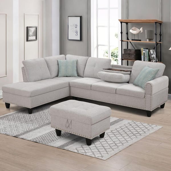 98 in. Linen L-Shaped 3-Piece Cup Holders Chaise Lounge Sectional Sofa with Pillows and Storage Ottoman in. Light Gray