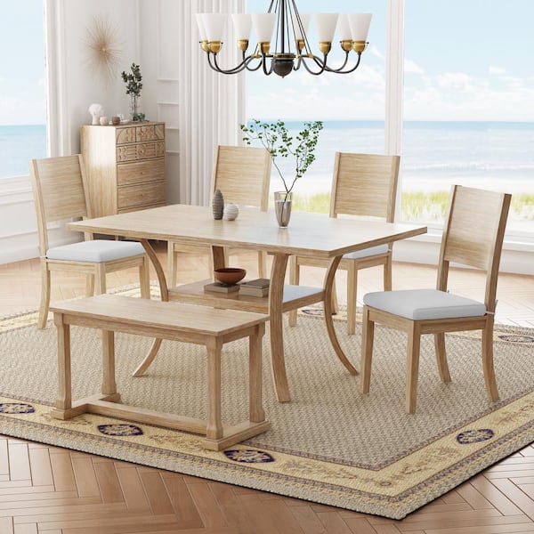 Zeus & Ruta 6-Piece Brown Rubber Wood Outdoor Dining Set with Dining Bench and Beige Cushions