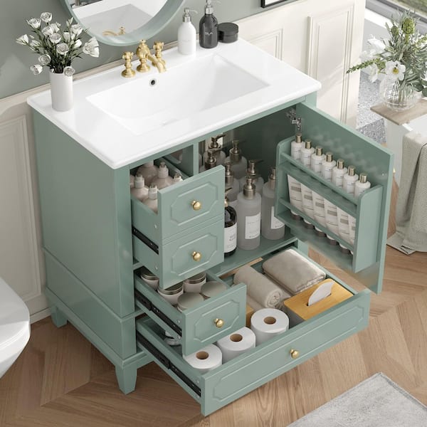 30 in. Freestanding Green Bath Vanity with White Ceramic Top, Drawer and Door Shelf Bathroom Storage Cabinet Unassembled