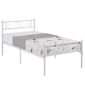 Victorian Bed Frame, White Metal Frame Twin Platform Bed No Box Spring Needed Heavy Duty Bed with Headboard, 40 in. W