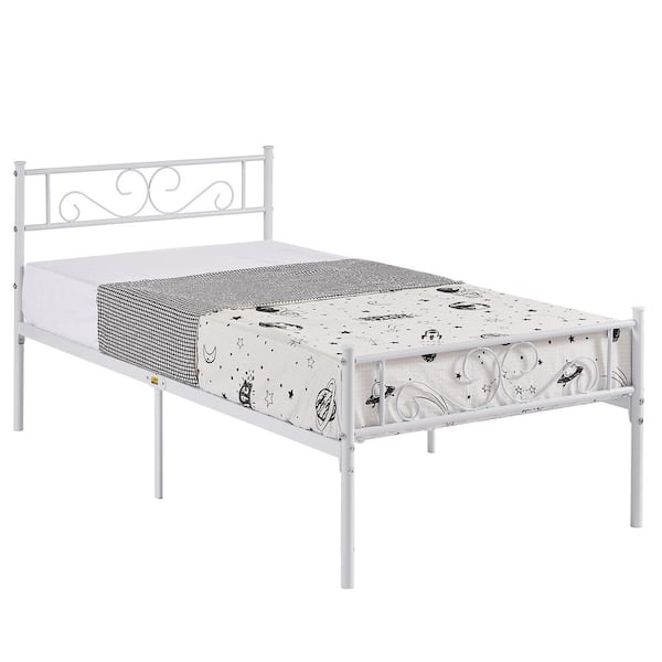 VECELO Victorian Bed Frame, White Metal Frame Twin Platform Bed No Box Spring Needed Heavy Duty Bed with Headboard, 40 in. W